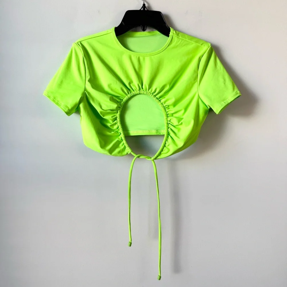 Skims Swim Ruched T-Shirt Crop Top Neon Green S - Picture 4 of 8